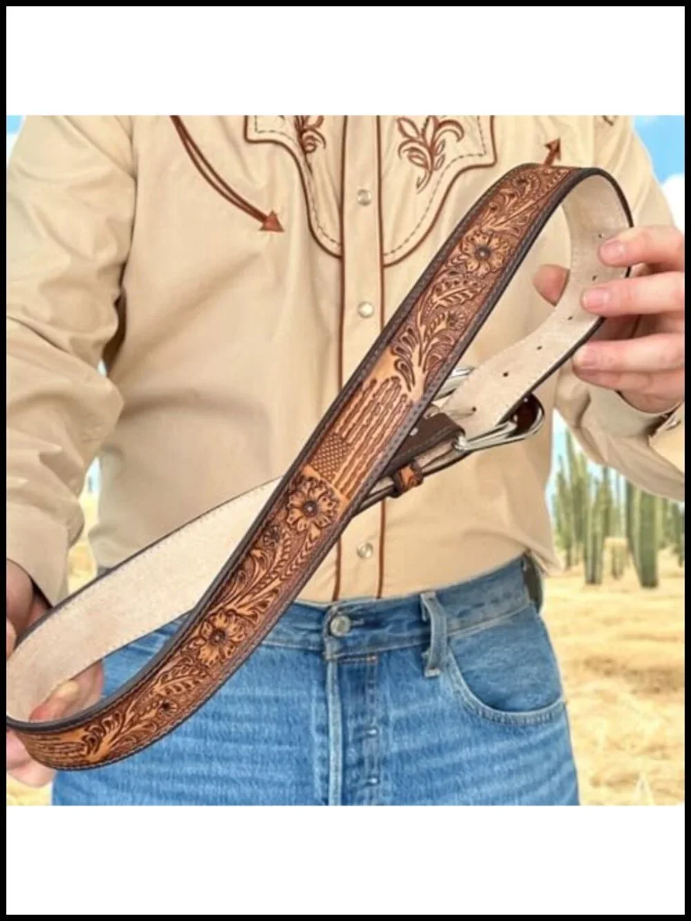Handmade Full Grain Leather Western Cowboy Belt Interchangeable Buckle